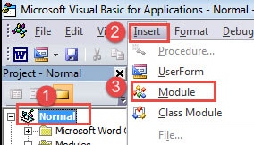 Click "Normal"->Click "Insert"->Click "Module"