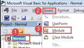 Click "Normal"->Click "Insert"->Choose "Module"