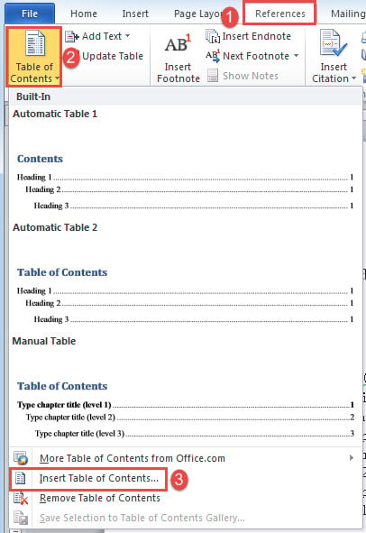 Click "References"->Click "Table of Contents"->Click "Insert Table of Contents"