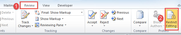 Click "Review"->Click "Restrict Editing"