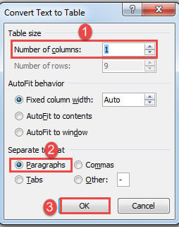 Enter 1 for column number->Select "Paragraphs"->Click "OK"