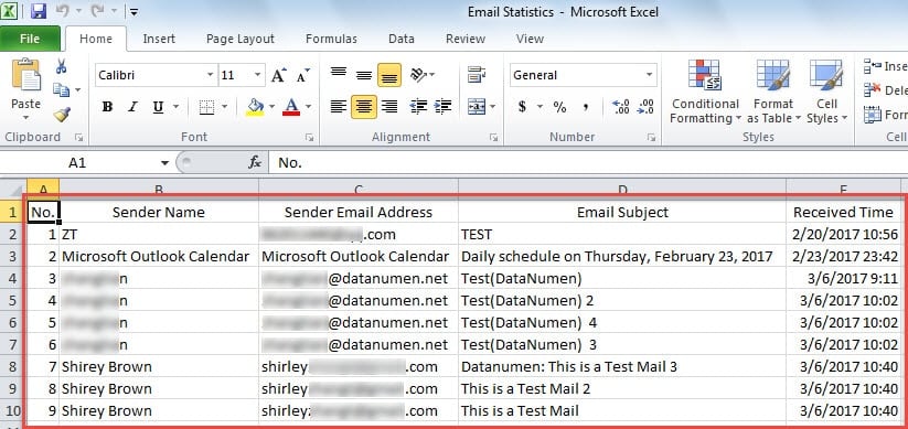 Excel File Containing Information of Incoming Emails