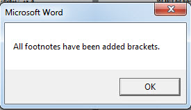 Message box saying footnote numbers have been added with square brackets