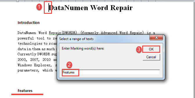 Put cursor at the beginning of selection->Enter marking word->Click "OK"