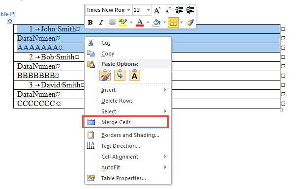 Select cells->Right Click->Choose "Merge Cells"