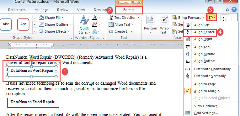 Select Text Box->Click "Format"->Click "Align"->Choose "Align Center"