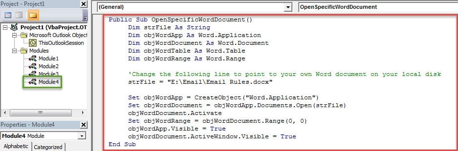 VBA Codes - Open a Specific Word Document in Outlook