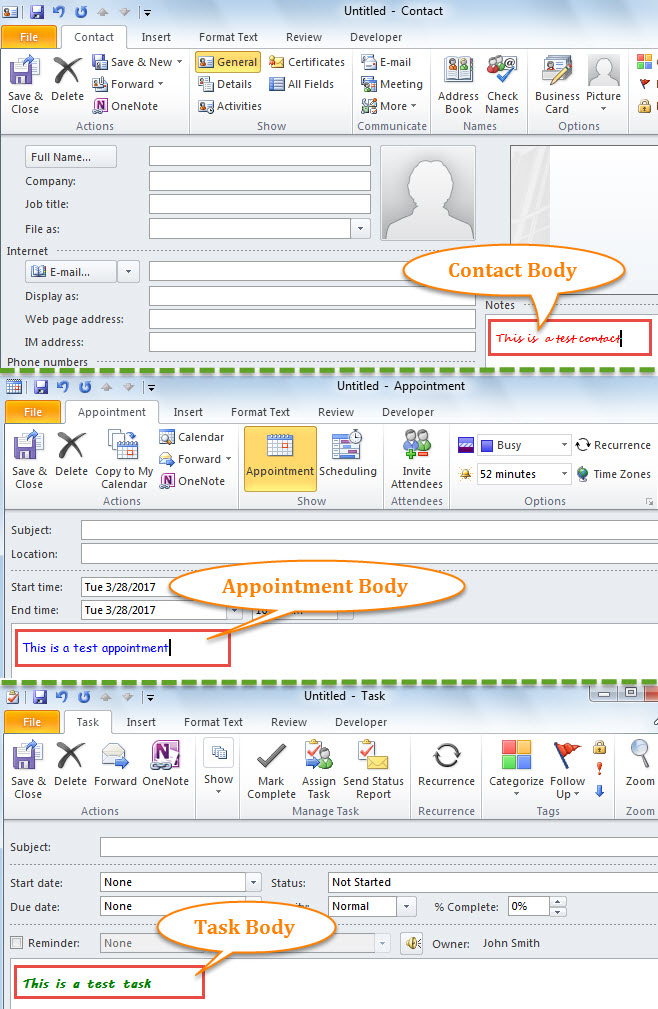 Default Font for the Body of Contact, Appointment and Task
