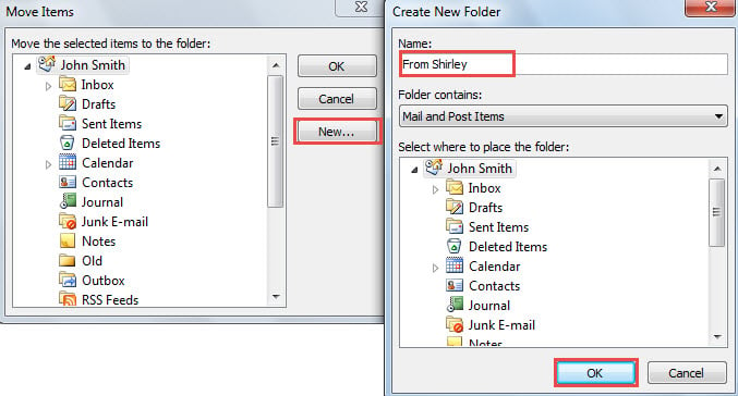 Move the specific emails to a new folder