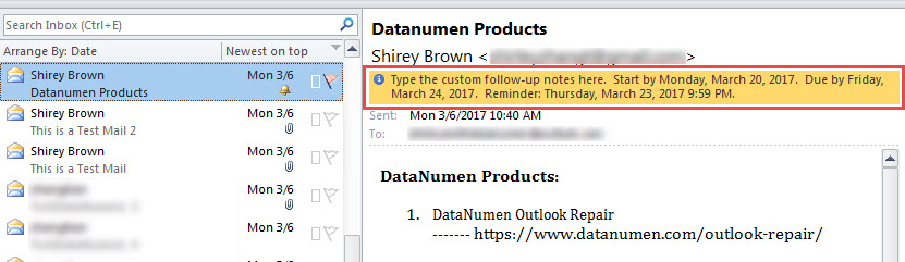 Email Flagged with Specific Due date and Reminder