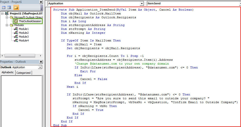 VBA Codes - Get a Warning When Sending Emails to the Persons outside Your Company