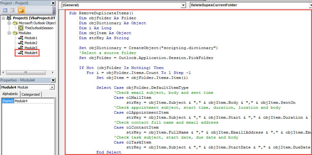 VBA Codes- Quickly Remove the Duplicate Outlook Items in a Folder
