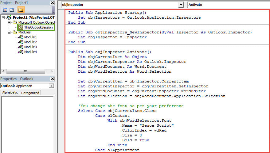 VBA Codes- Set the Default Font for the Body of Contact, Appointment and Task