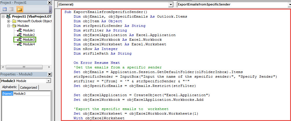 VBA Codes - Export All Emails from a Specific Sender to an Excel File