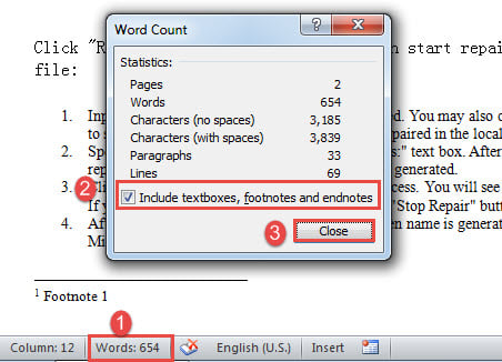Click Words on Status Bar->Uncheck "Include textboxes, footnotes and endnotes" Box->Click "Close"