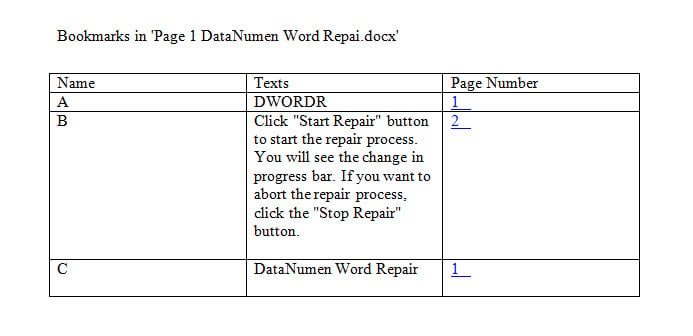 A table of all bookmarks and their texts and page numbers