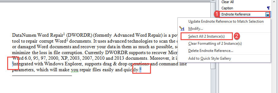 Choose "Endnote Reference"->Choose "Select All XX Instance(s)"