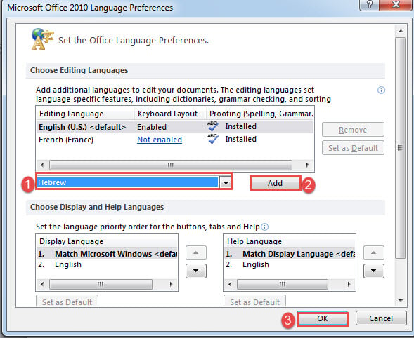 Choose "Hebrew"->Click "Add"->Click "OK"