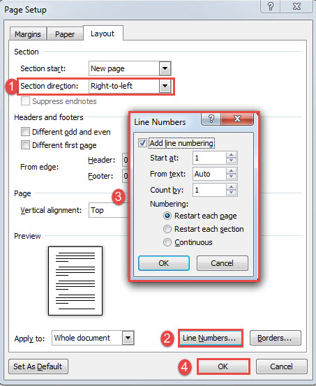 Choose "Right-to-Left" for "Section direction" Field->Click "Line Numbers" Button->Set Formatting->Click "OK"