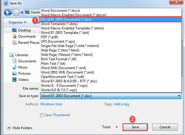 Choose "Word 97-2003 Document"->Click "Save"