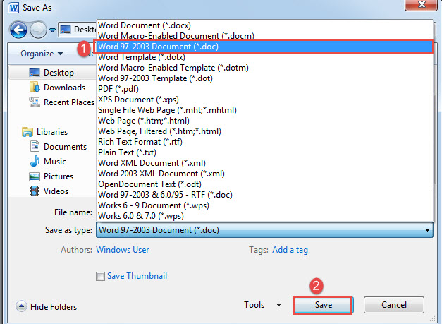 Choose "Word 97-2003 Document"->Click "Save"