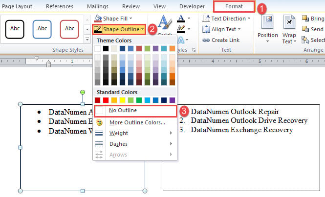 Klicken Sie auf "Format"-Klicken Sie auf "Shape Outline"-Klicken Sie auf "No Outline"