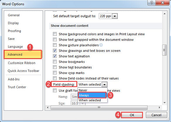 Click "Advanced"->Check "Always" for "Field shading"->Click "OK"