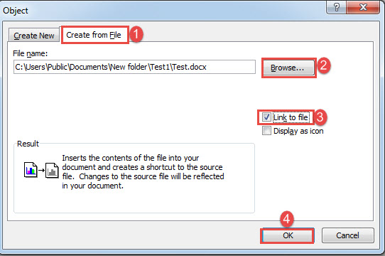 Click "Create from File"->Click "Browse" to select file->Select "Link to file"->Click "OK"