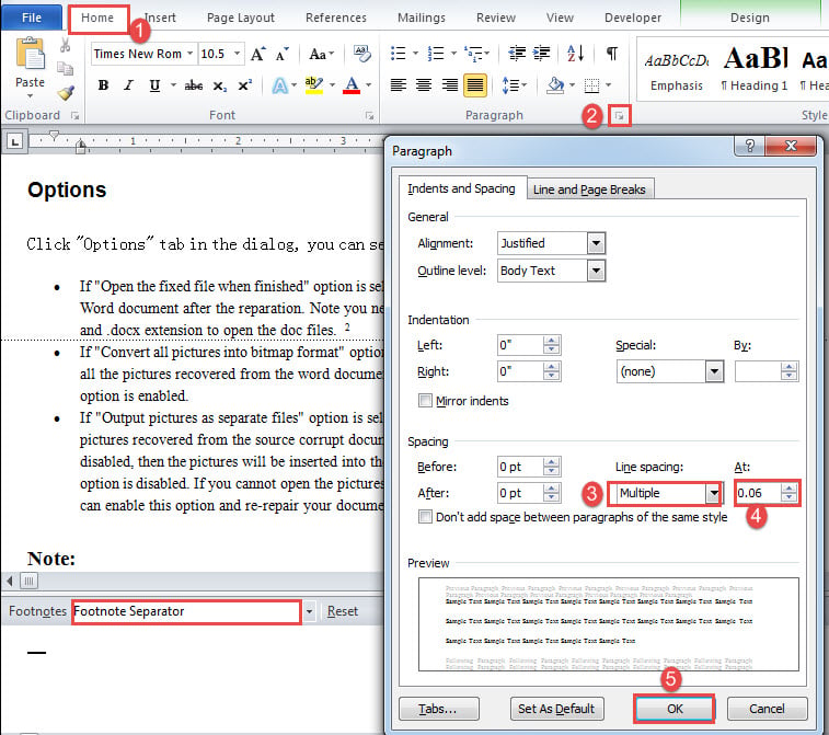 Click "Home"->Click the arrow button to open "Paragraph" box->Select "Multiple" for "Line spacing"->Set the value at 0.06->Click "OK"