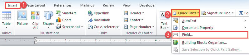 Click "Insert"->Click "Quick Parts"->Click "Field"
