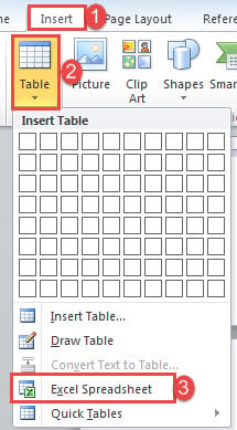 Click "Insert"->Click "Table"->Click "Insert Excel Spreadsheet"
