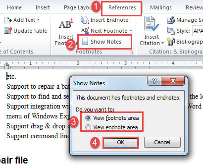 Click "References"->Click "Show Notes"->Choose an area->Click "OK"