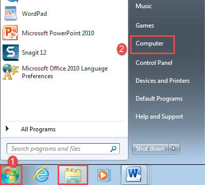 Click "Start"->Click "Computer"