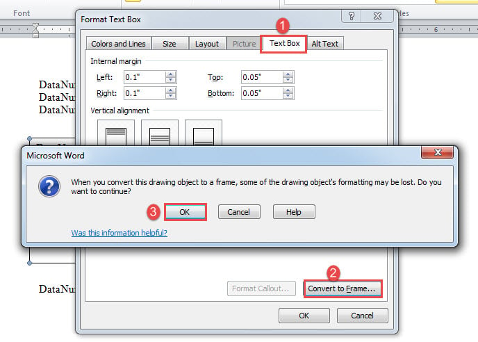 Click "Text Box" Tab->Click "Convert to Frame"->Click "OK"