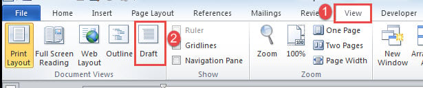 Click "View"->Click "Draft"