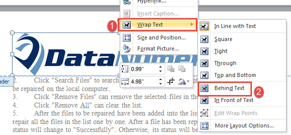 Click "Wrap Text"->Select "Behind Text"