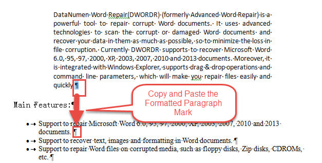 Copy and paste the formatted paragraph mark