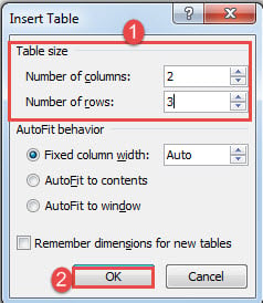 Enter Numbers of Rows and Columns->Click "OK"