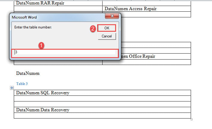 Enter Table Number->Click "OK"