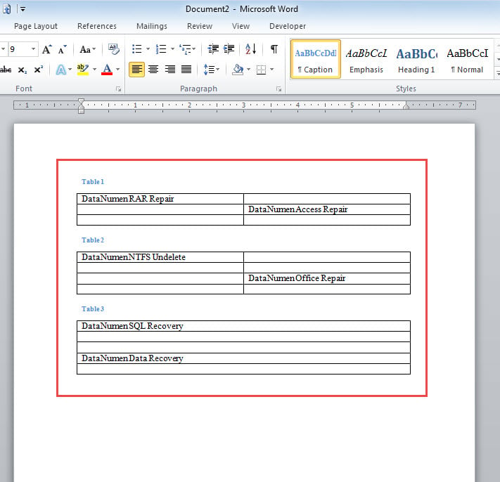 Extracted Tables in New Document