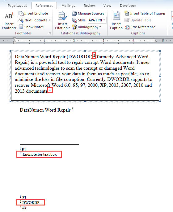 Footnote and Endnote for Texts in Text Box