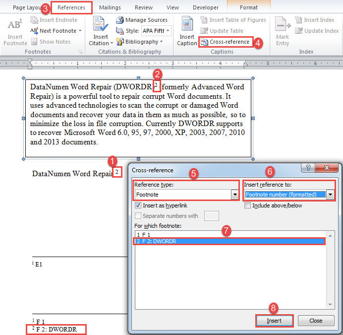 Insert Footnote in Main Document->Put Cursor inside Text Box->Click "References"->Click "Cross-reference"->Choose "Footnote"->Choose "Footnote Number(Formatted)"->Select a Footnote->Click "Insert"