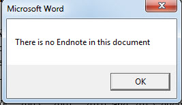 Message box indicating no endnote in the document