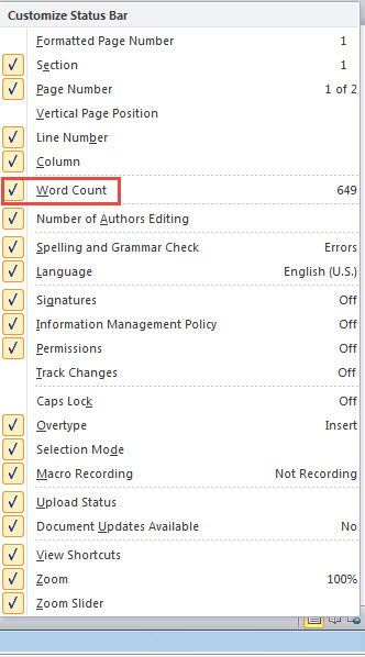 Right click on Status Bar->Check "Word Count"
