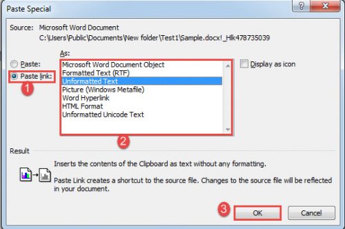 link text from one word document to another