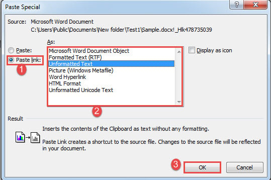 Select "Paste link"->Choose a link type->Click "OK"