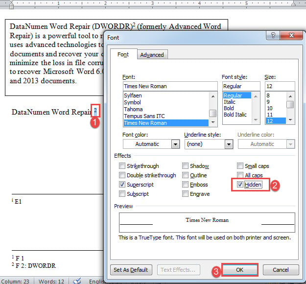 Select "Reference Number"->Press "Ctrl+ D"->Check "Hidden Box"->Click "OK"