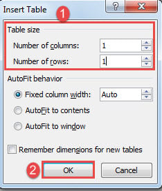 Set Table Size->Click "OK"