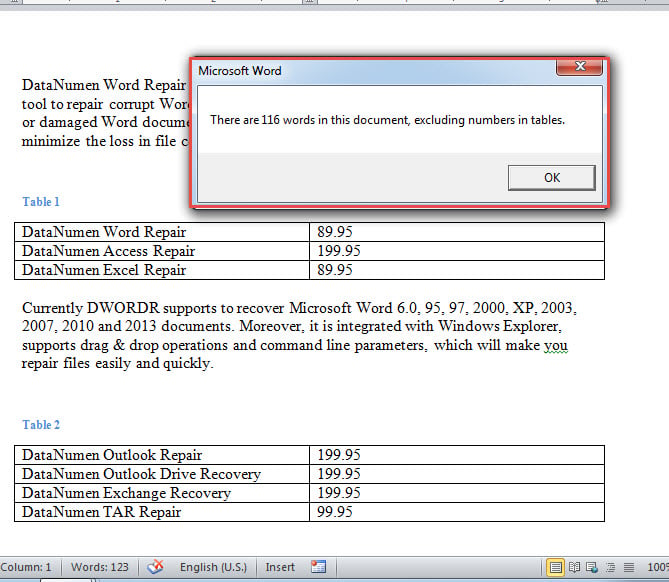 Word Count Excluding Numbers in Tables