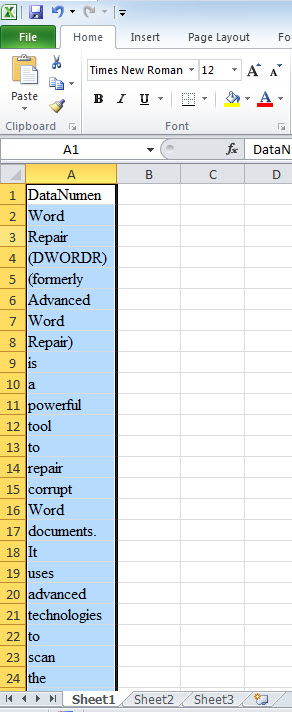 Word list in Excel sheet